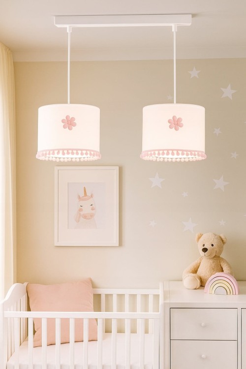 LAMPA-SUFITOWA-WISZACA-PODWOJNA-BOHO-KWIATKI-ABAZUR-Z-POMPONIKAMI-ROZOWA-Stan-opakowania-oryginalne (1).jpg